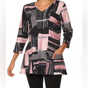 Parsley & Sage Pink Navy  Abstract Print V-Neck Tunic Pockets Art To Wear Size M